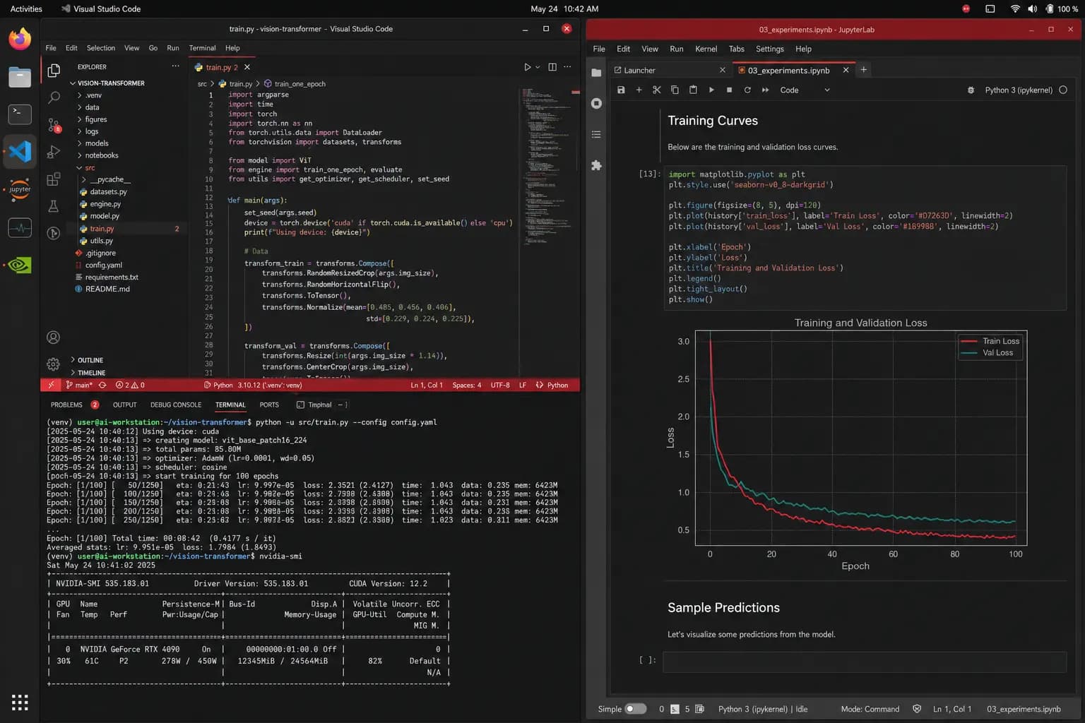 A Hinode cloud workstation streaming a Linux desktop with a code editor, training logs, and a Jupyter notebook
