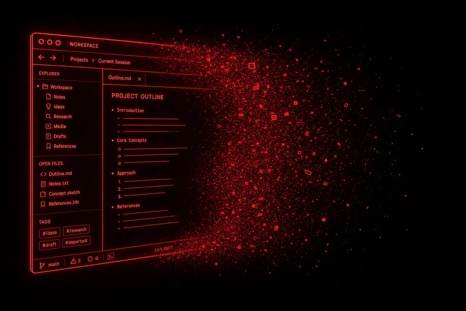 A desktop workspace dissolving into particles