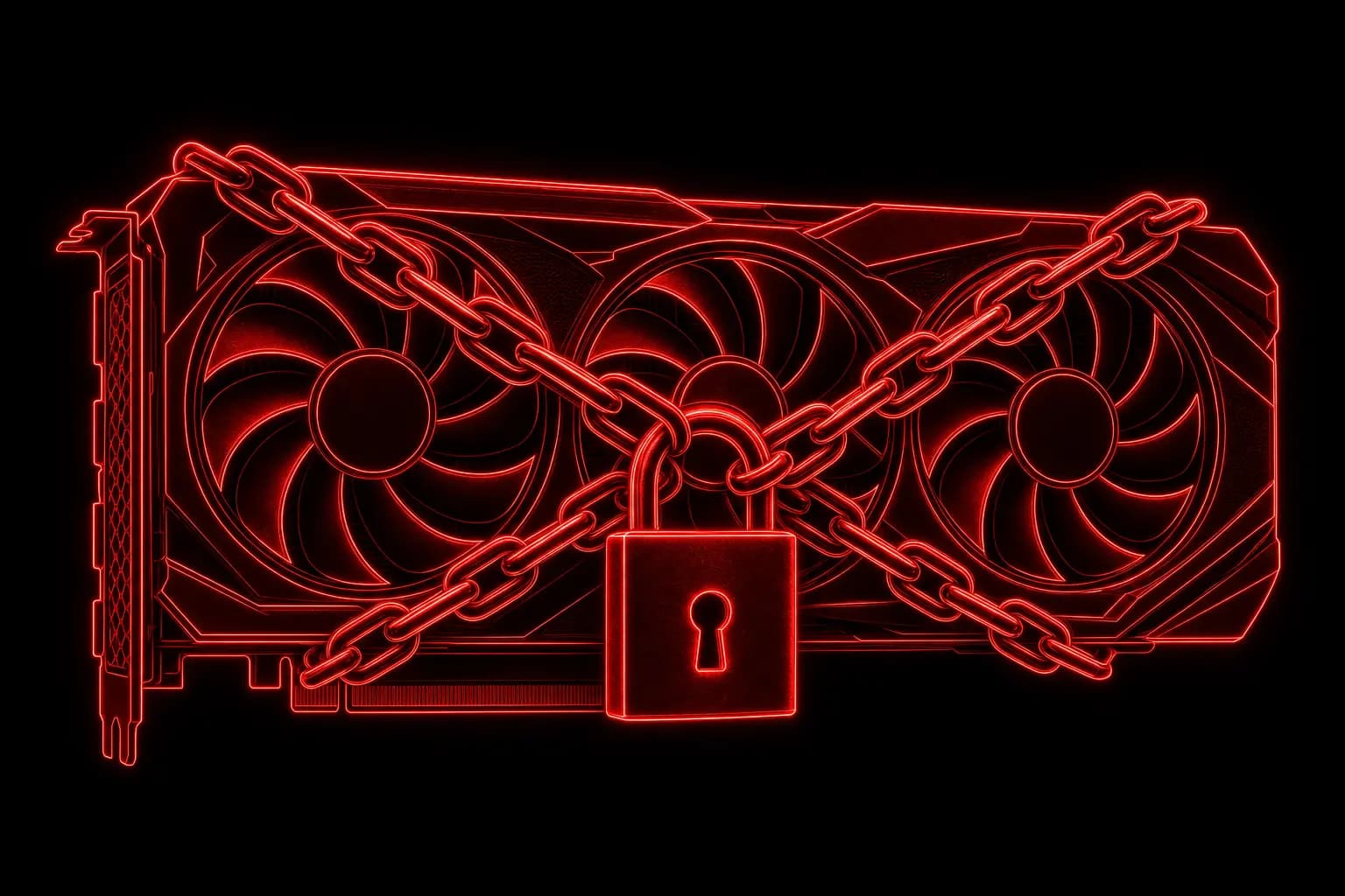 A high-end GPU on a pedestal behind a barrier